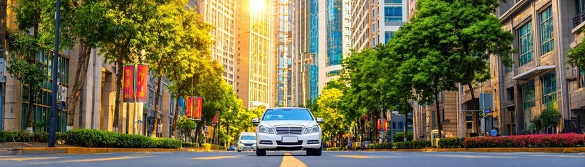 A sleek car drives through a modern city landscape, bathed in warm sunlight, The scene showcases urban life, perfect for transportation, city planning, or lifestyle themes in marketing materials,
