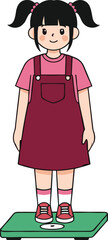 Cute little girl standing on weighing scale, cartoon illustration, child health check, weight measurement concept, healthy lifestyle, medical and fitness awareness