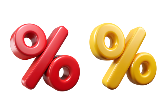 Red and Yellow Percentage Sign 3D Render on transparent background - Powered by Adobe