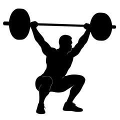 Silhouette of a Male Athlete Performing an Overhead Squat with a Barbell.