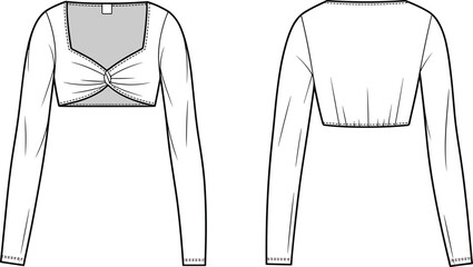 Fashionable long sleeve crop top technical flat sketch, women twisted front design blouse, stylish garment template for fashion designers