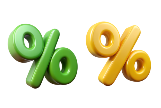Green and Yellow Percentage Symbols 3D Render on Transparent Background