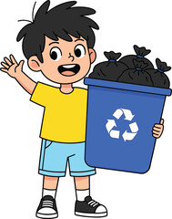 Happy cartoon boy holding blue recycling bin, garbage bags inside, environmental awareness, waste management, eco-friendly kid illustration promoting clean and green lifestyle