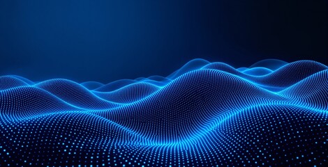 Digital glowing wave of blue particles forming smooth futuristic landscape on dark blue background, concept of data flow and technology connection. Ai generative