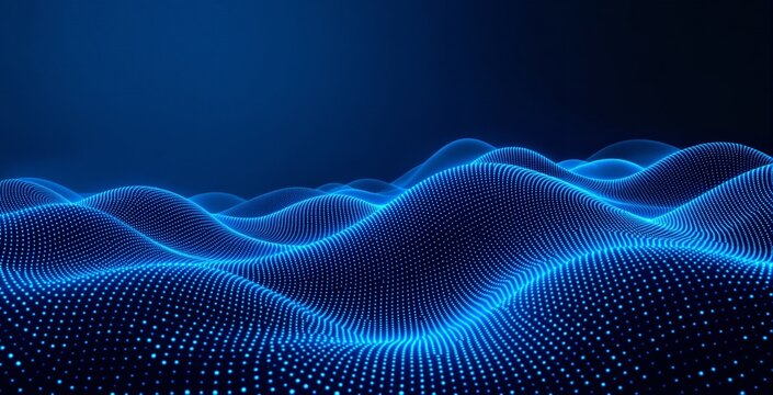 Digital glowing wave of blue particles forming smooth futuristic landscape on dark blue background, concept of data flow and technology connection. Ai generative