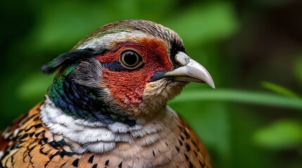 Obraz premium A close-up of a colorful bird with intricate feather patterns against a lush green background, perfect for nature-themed projects, wildlife publications, or educational materials,