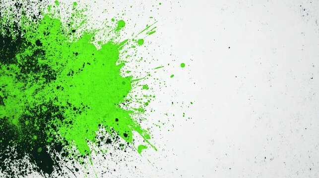 Vivid green paint splatter against a textured white background, ideal for use in artistic projects, graphic design, or promoting creativity in marketing materials,