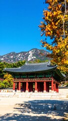 Obraz premium Autumn temple, mountains, Korean
