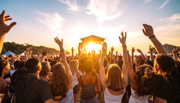 People enjoying a music concert under a golden sunset.
