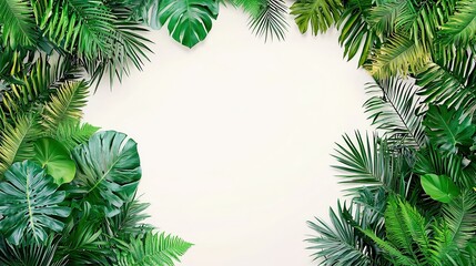 A lush border of various green leaves frames a blank background, perfect for showcasing text or designs, Ideal for nature-themed invitations, social media posts, or eco-friendly branding materials,