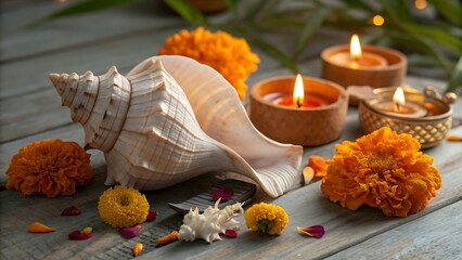 Sacred conch shell with marigolds and lit candles on wooden surface