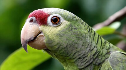 Fototapeta premium A close-up of a vibrant green parrot with a red forehead and large eye, set against a blurred green background, This image is ideal for nature-related projects, wildlife articles