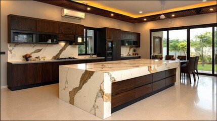 A modern kitchen showcasing elegant wooden cabinetry and a luxurious marble island, bathed in natural light, Ideal for home decor, interior design projects, or real estate listings,