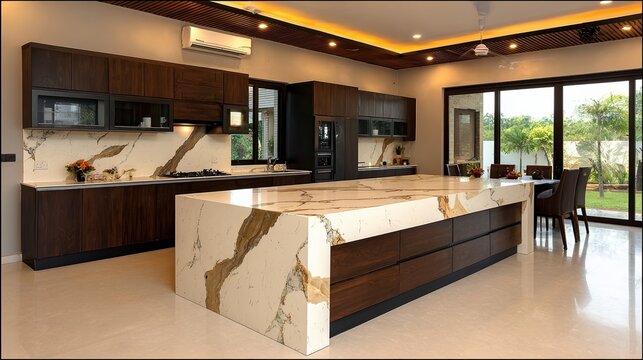 A modern kitchen showcasing elegant wooden cabinetry and a luxurious marble island, bathed in natural light, Ideal for home decor, interior design projects, or real estate listings,