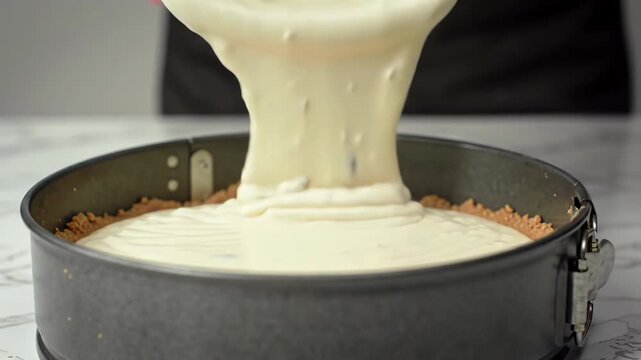 Creamy mixture pours into springform pan over biscuit base creating dessert filling