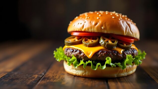 Spicy Jalape&ntilde;o Cheeseburger on a Wooden Table Juicy Beef Cheeseburger with Melted Cheddar and Green Chili Delicious Burger with Sliced Jalape&ntilde;os and Fresh Lettuce Classic Cheeseburger with a Spicy Kic