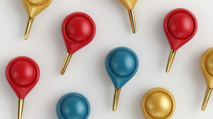 A vibrant arrangement of colorful rubber plumbing plungers on a clean surface, This image is perfect for home improvement articles, DIY guides, or cleaning product promotions,