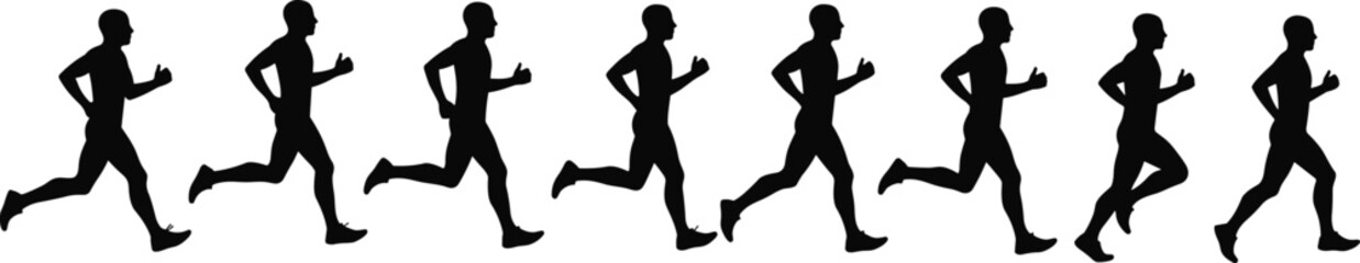 Running motion silhouette sequence, athlete stride phases, biomechanics vector, sports science illustration, CAD drawing, human movement study, sprint animation concept