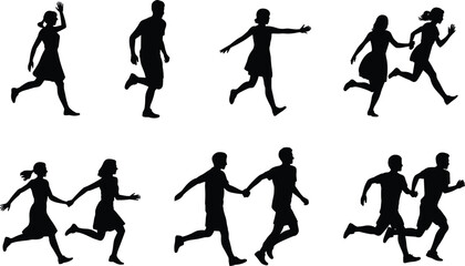 Running and holding hands silhouettes, people running vector icons, couple jogging clipart, black human figures for motion and sports design