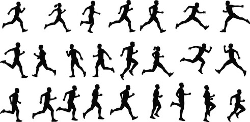 Running Silhouettes Collection, Diverse Jogging Poses, Athletic Motion Study, Human Movement Reference, Sports Animation Asset, Fitness Illustration, Marathon Training Visual