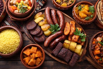 Traditional berber food displaying sausages, vegetables, and couscous