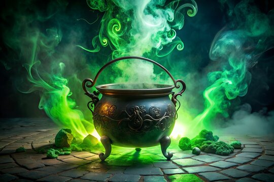 A witchs cauldron bubbles with green smoke, creating a magical atmosphere