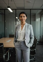 Business woman stands in modern office conference room