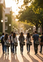 Students walk university campus path at sunset