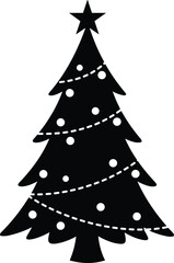 Silhouette Christmas tree, festive holiday decoration, star topper, spiral garland, white ornaments, winter celebration, seasonal icon, minimalist design