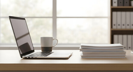 Laptop and paper stack on wooden office desk