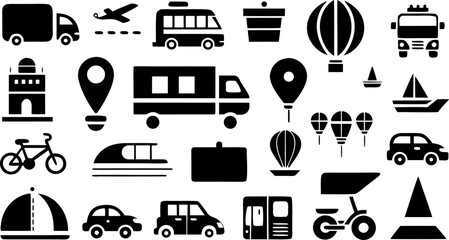 A collection of black transport icons set against a bright backdrop, perfect for design projects. This set showcases a diverse range of transport types, from airplanes to bicycles.