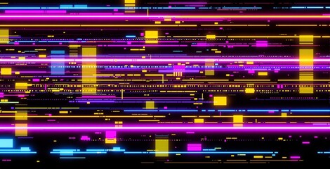 Futuristic digital lines and glitch effects in neon yellow, pink, and blue on dark background for abstract technology concept design. Ai generative