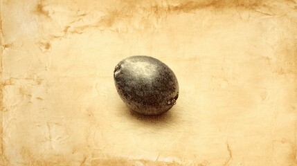 Seed pod rests on aged paper with a tan, wrinkled texture in center frame focus