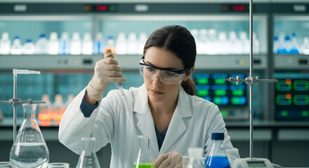 Scientist pipetting liquid in research laboratory