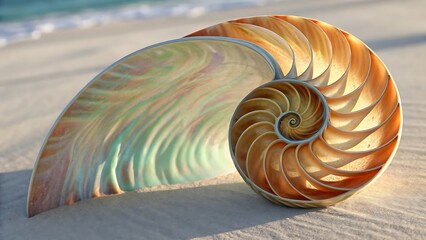 Nautilus shell spiral pattern on sandy beach