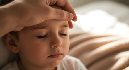 Close up hand on boy forehead checking temperature