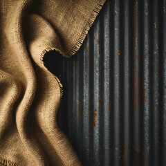 Brown burlap textile on corrugated rusty metal.