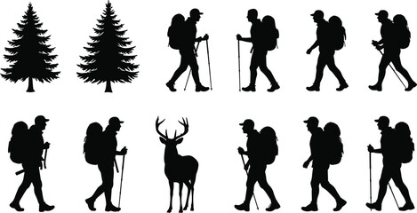 Silhouettes of hikers, trees, and deer in forest landscape, hiking and trekking scene vector, outdoor adventure nature design elements
