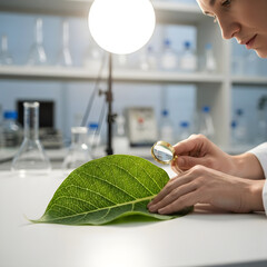 Scientist examines green leaf with magnifying glass in laboratory.
