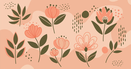 Hand-Drawn Floral Vector Illustration with Abstract Shapes, a Modern and Organic Botanical Set in Peach and Olive Green for Unique Creative Projects.