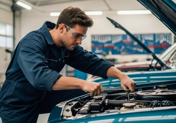Mechanic repairing car engine in garage