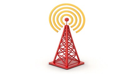 Modern Communication: 3D Rendering of a Red Radio Tower Transmitting Signal on a Clean White Background