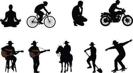 Silhouettes of people in diverse activities — yoga, cycling, guitar playing, horseback riding, skateboarding, meditation, and more