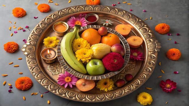 Vibrant fruit offering with flowers and candles on ornate tray