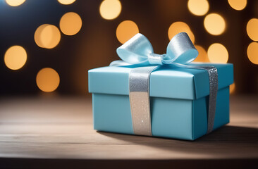 blue gift box with bow on blured bokeh background