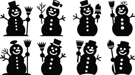 Snowman silhouette collection, winter holiday decoration, festive character vector, black snowmen with hats, broom holding poses, seasonal illustration design