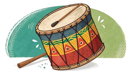 Colorful hand drum with drumstick illustration