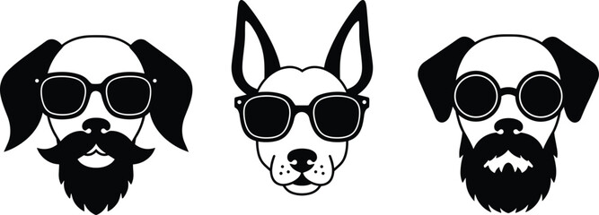 Stylized dog faces illustration, sunglasses dog, floppy ears, bearded dogs, cartoon pet design, canine character art, animal head graphics