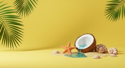 Tropical paradise scene with coconut, starfish, seashells, and flowing water on yellow sand