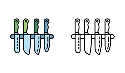 Color and Black Line Illustrations of a Knife Holder with Multiple Kitchen Knives